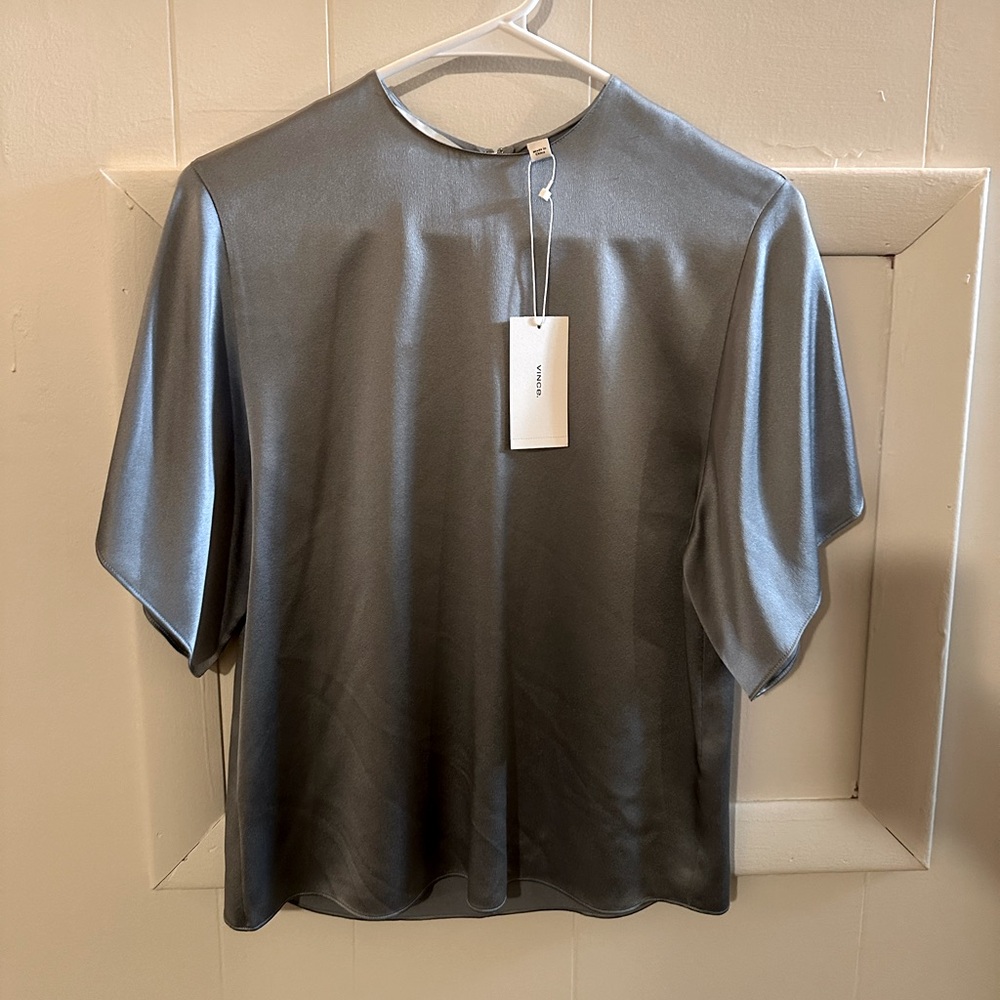 Vince Charcoal Gray/ light blue Satin Blouse